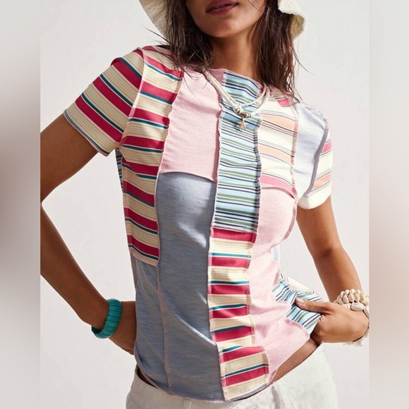 Boho Patchwork Multi Striped Drop Shoulder Fitted Stretch Jean Plus 2X New Top - Picture 8 of 13